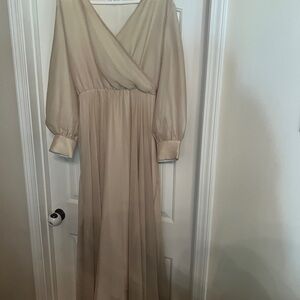 Ivy City Co Tan Gold Asymmetrical Gown with Bishop Sleeves